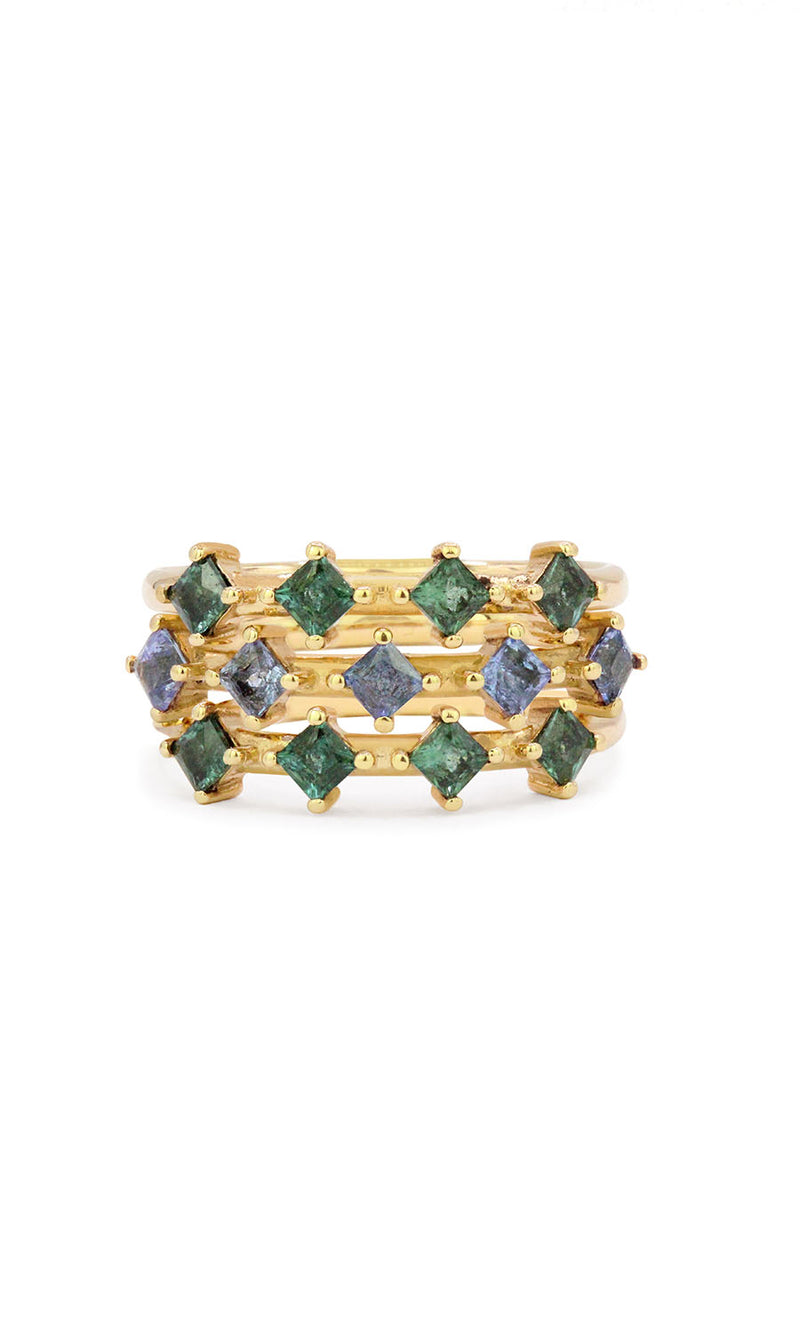 In Medias Res Ring Stack, with Tourmaline and Tanzanite